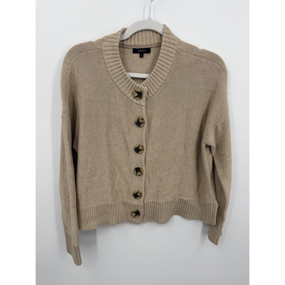 Quince Organic Cotton Cropped Cardigan Womens Size S Cement Marl Tan Button Up